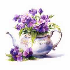 Charming purple violas arranged in vintage floral teapot watercolor illustration