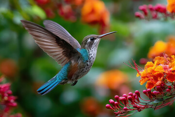 Obraz premium Hummingbird in Flight Near Vibrant Flowers A Nature Scene