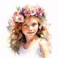 Naklejka premium Girl with blond hair wearing a flower crown in a watercolor painting