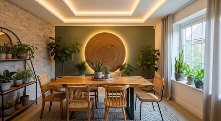 A dining room with a wooden table surrounded by chairs and plants with a circular wall decoration