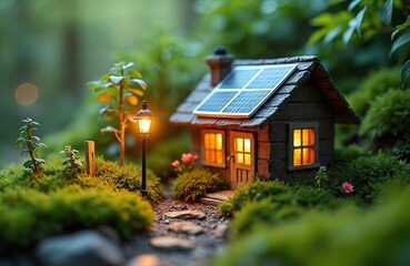Small house model with solar panel on roof among green plants. Tiny eco home illuminated from within by light. Alternative energy powers building. Miniature cottage architecture in environment.