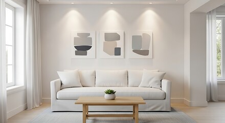 Living room with white sofa, abstract art, wooden table, and natural light from the windows