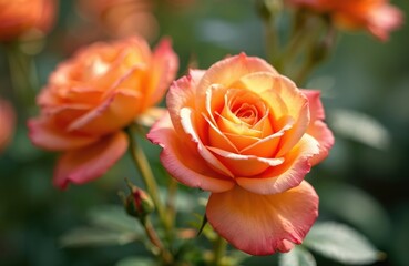 Naklejka premium Close up of two orange roses in bloom with soft pink edges. A rose bud is visible below. Gentle sunlight illuminates petals, rich green leaves backdrop.