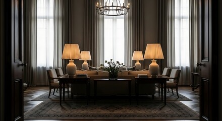 Interior view of a living room with lamps, sofa, chairs, and a chandelier near the windows