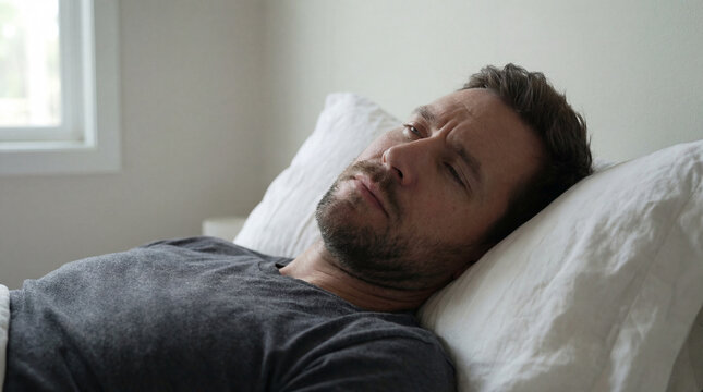 Middle aged man lying in bed with tired expression in soft morning light beside window and plain white wall interior