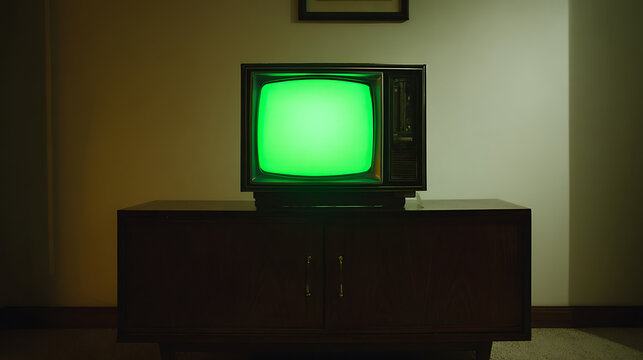 Vintage television emits an eerie green glow in a dimly lit room, sitting atop a wooden cabinet, creating a retro and unsettling scene, casting shadows against the wall. - Powered by Adobe
