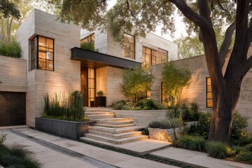 A contemporary house featuring expansive windows, elegantly lit by the soft glow of the evening. The beautifully landscaped garden complements the scene, showcasing inviting steps and lush greenery