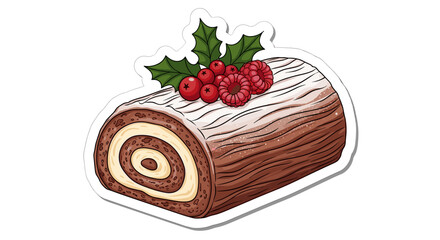 Christmas Yule Log Cake with Holly Berry Decoration