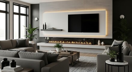 A modern living room with a fireplace tv and sofas in a neutral color palette and large windows