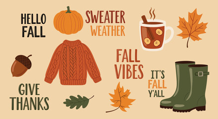Hello Fall Autumn Season Elements and Typography Set