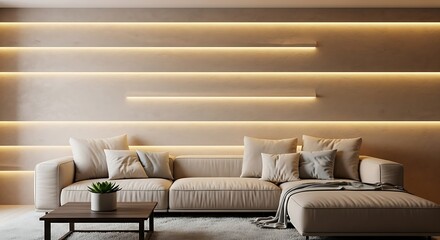 Modern living room with beige sofa cushions and a decorative wall with horizontal light strips