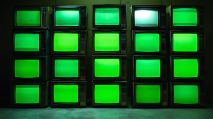 A wall of old TVs glowing with bright green screens casts an eerie light. A stark commentary on media's role? A glitch in the matrix? The future is analog? (178)