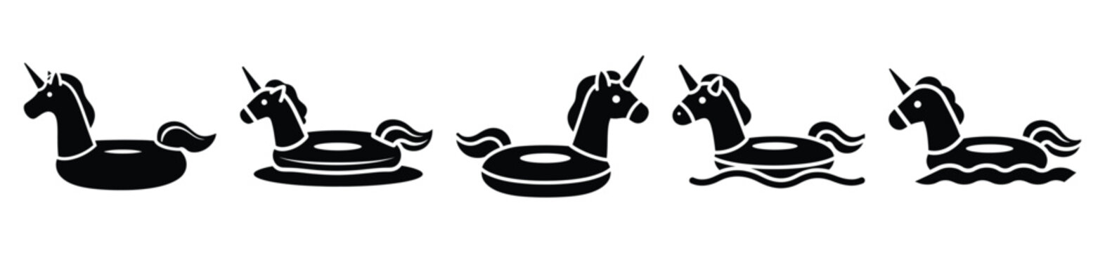 Set of pool float unicorn vector icon in silhouette design. summer design concepts.