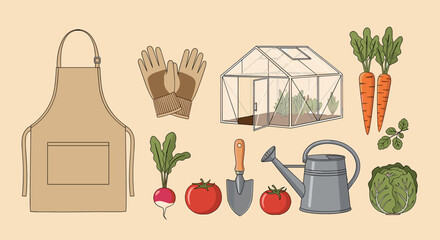 Flat illustration set of gardening icons with tools, greenhouse and vegetables. Home gardening and organic farming concept, perfect for eco lifestyle, agriculture and planting designs