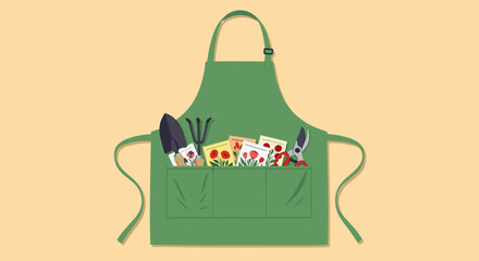 Flat illustration of a green gardening apron with hand tools and seed packets. Concept of home gardening, planting and outdoor hobby. Suitable for gardening, spring season and eco lifestyle designs