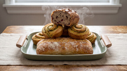 Freshly baked artisan bread assortment steaming on rustic tray with crusty loaves and spiral pastries by a bright window