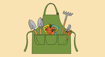 Flat illustration of a green gardening apron with hand tools and seed packets. Concept of home gardening, planting and outdoor hobby. Suitable for gardening, spring season and eco lifestyle designs
