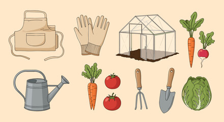 Flat illustration set of gardening icons with tools, greenhouse and vegetables. Home gardening and organic farming concept, perfect for eco lifestyle, agriculture and planting designs
