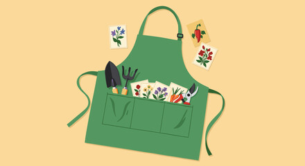Flat illustration of a green gardening apron with hand tools and seed packets. Concept of home gardening, planting and outdoor hobby. Suitable for gardening, spring season and eco lifestyle designs