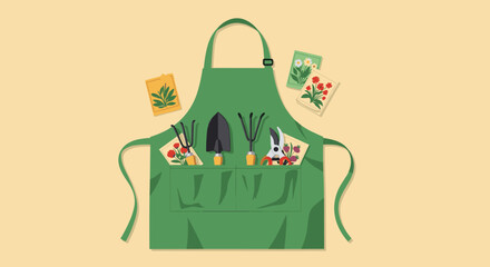 Flat illustration of a green gardening apron with hand tools and seed packets. Concept of home gardening, planting and outdoor hobby. Suitable for gardening, spring season and eco lifestyle designs