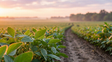 Green soybean plants growing in sunny agricultural field with soil path and blurred trees in the background at golden hour