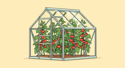 Flat illustration of a greenhouse filled with growing tomato plants. Concept of home gardening, organic farming and sustainable food production. Ideal for agriculture, eco lifestyle