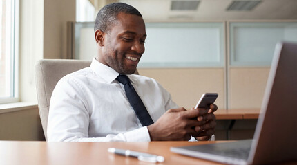 Smiling businessman sitting at office desk using smartphone beside open laptop during work break in modern corporate workspace