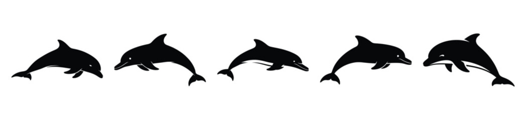 Set of swimming dolphin vector icon in silhouette design. summer design concepts.