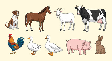 Farm animals collection: dog, horse, goat, cow, rooster, ducks, pig, rabbit
