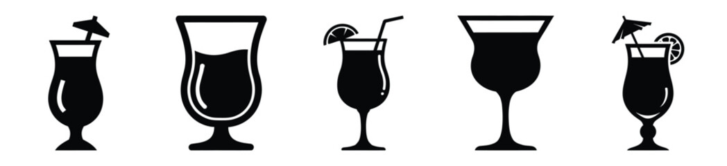 Set of tropical drink glass vector icon in silhouette design. summer design concepts.