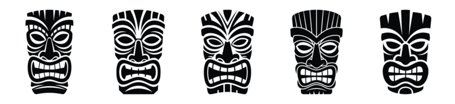 Set of tiki mask vector icon in silhouette design. summer design concepts.