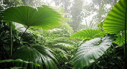 Lush tropical foliage featuring large green leaves and ferns in a misty forest environment scene view