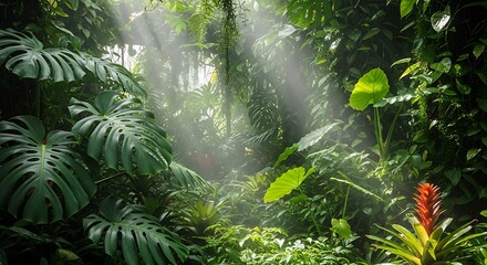 Sunlight shining through dense foliage in a tropical greenhouse with monstera and other plants