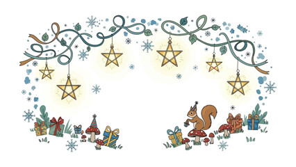 Enchanted Holiday Illustration: Delightful woodland scene filled with festive elements: a charming squirrel, illuminated star lights, and holiday gifts, all set within a whimsical, celebratory design.