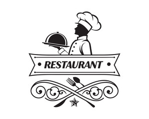 A black and white vintage style logo for a restaurant, showcasing a chef with a serving dish and decorative crossed cutlery below