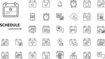 Schedule icon set with calendar, clock, checklist, gear, cloud, shopping, music, camera, editable vector, outline style, productivity, interface