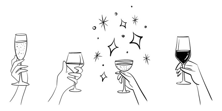 Hand drawn whimsical wine and glasses icons on transparent background. party , Christmas, new year, birthday,  holiday.