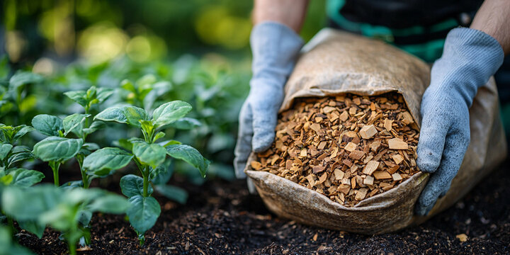 Hands hold bag of organic wood mulch soil in garden Generative AI