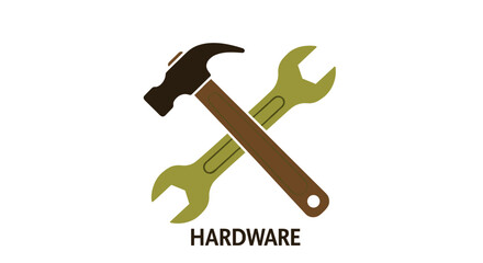 Crossed hammer and wrench design with hardware text in minimalist style