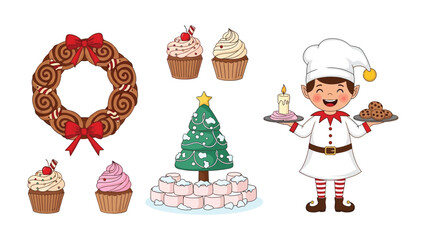 Festive Treats and Merry Elf: A vibrant assortment of holiday-themed baked goods and a cheerful elf, creating a joyous seasonal spread.