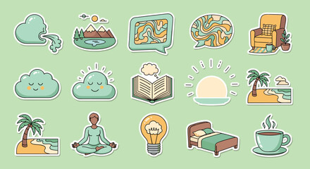 Whimsical cartoon stickers: nature, yoga, and relaxation in playful pastel colors