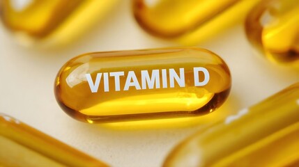 Close-Up of Golden Vitamin D Capsules with Clear White “VITAMIN D” Text in Clean Pharmaceutical Style