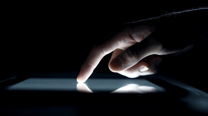 A hand touches a glowing screen in the darkness, creating a reflection. The scene conveys technology use, navigation, and interaction with digital devices in a dark environment.