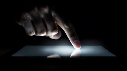 Index finger touching a bright screen illuminating the darkness. Touch interaction and modern technology, connecting through digital interfaces in a dark environment.