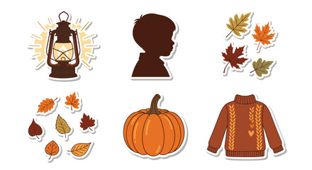 Autumn sticker set: lantern, child, leaves, pumpkin, sweater