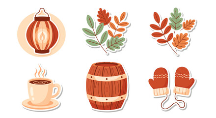 Cozy autumn elements with lantern, harvest leaves, and warm mittens