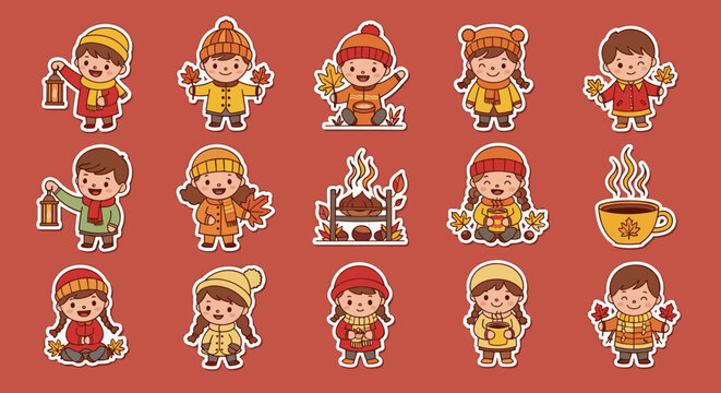 Autumn kids collection: adorable cartoons with fall leaves and cozy outfits