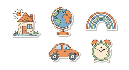 Charming cartoon stickers set with house, globe, rainbow, car, and clock in pastel colors