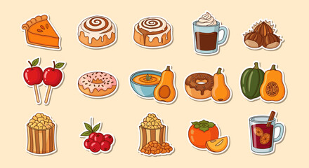 Autumn treats: cozy icons of seasonal desserts and beverages in sticker style