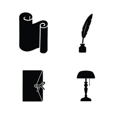 Silhouette icons of a scroll, quill and ink, folded document, and lamp on white background
